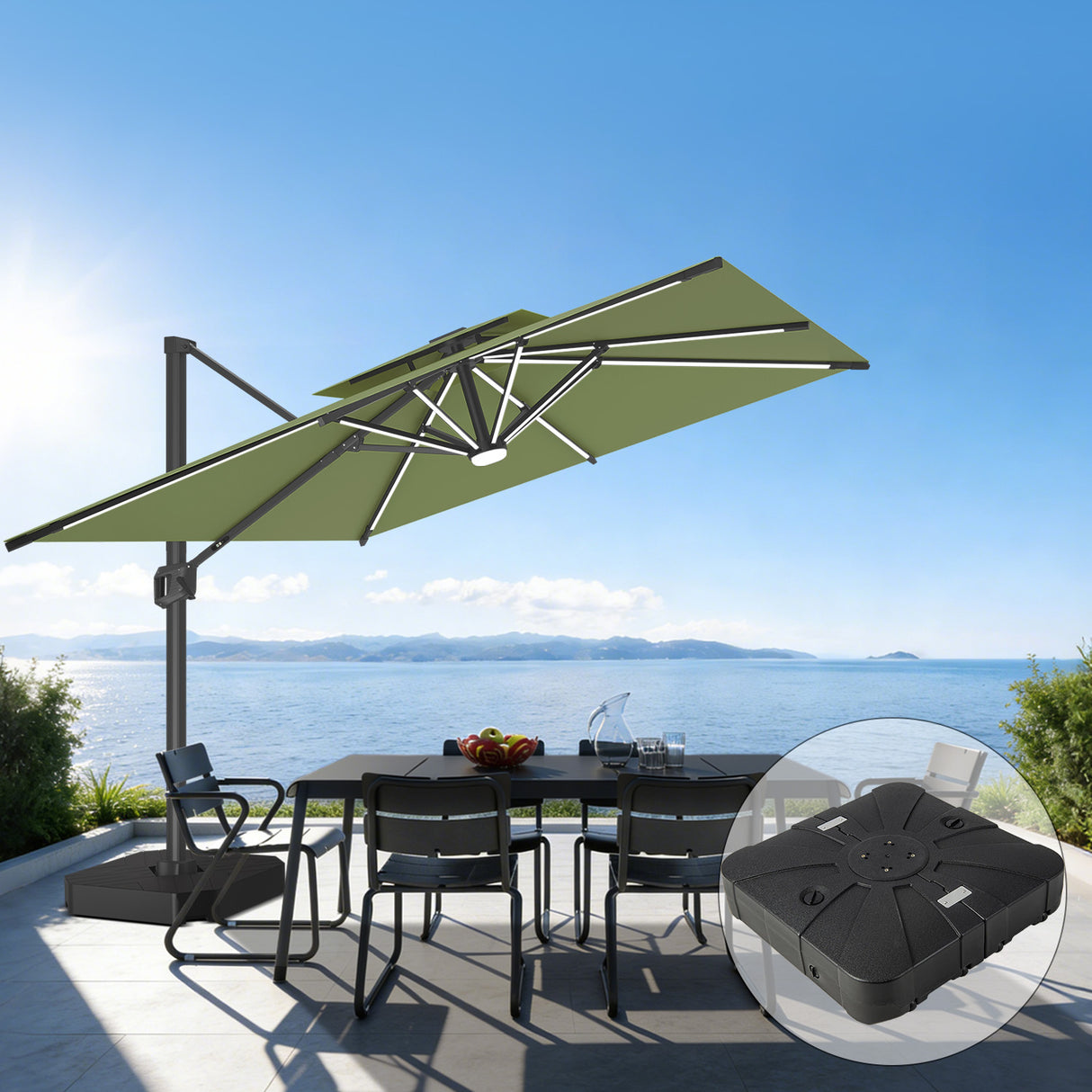 Patioslife Aegis – Parasol déporté Premium avec éclairage LED intégré, base croisée en métal et baleines en fibre de verre