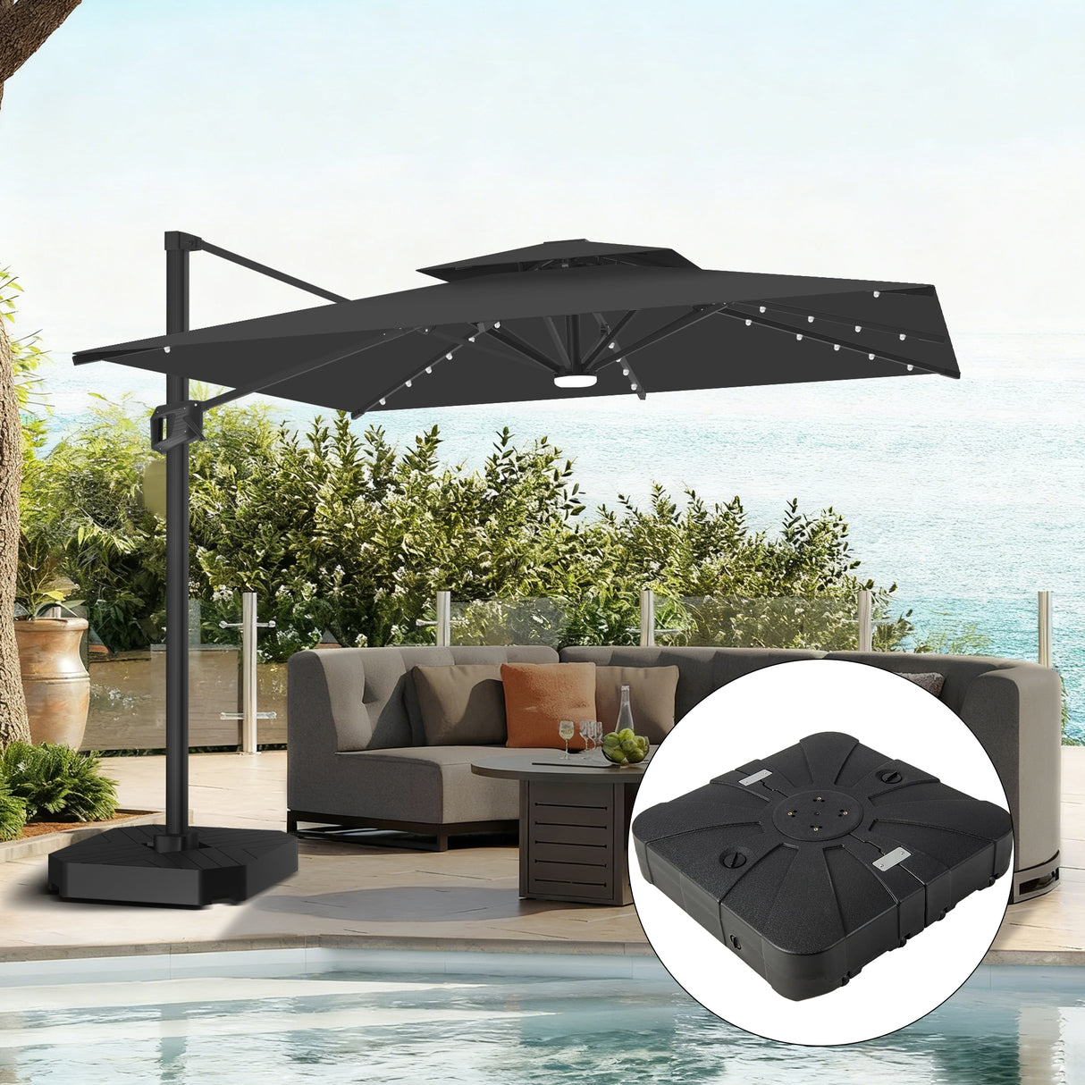 Parasol déporté Patioslife Aegis Pro avec éclairage LED et housse de protection, baleines et mât en aluminium à revêtement thermolaqué — Idéal pour jardins et terrasses