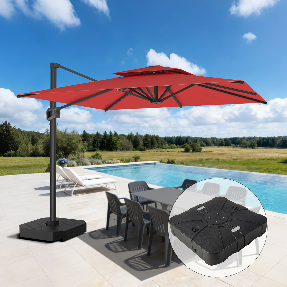 Parasol déporté Patioslife Aegis Pro™ avec base et housse de protection — Baleines en fibre de verre et mât en aluminium à revêtement thermolaqué pour jardin et terrasse