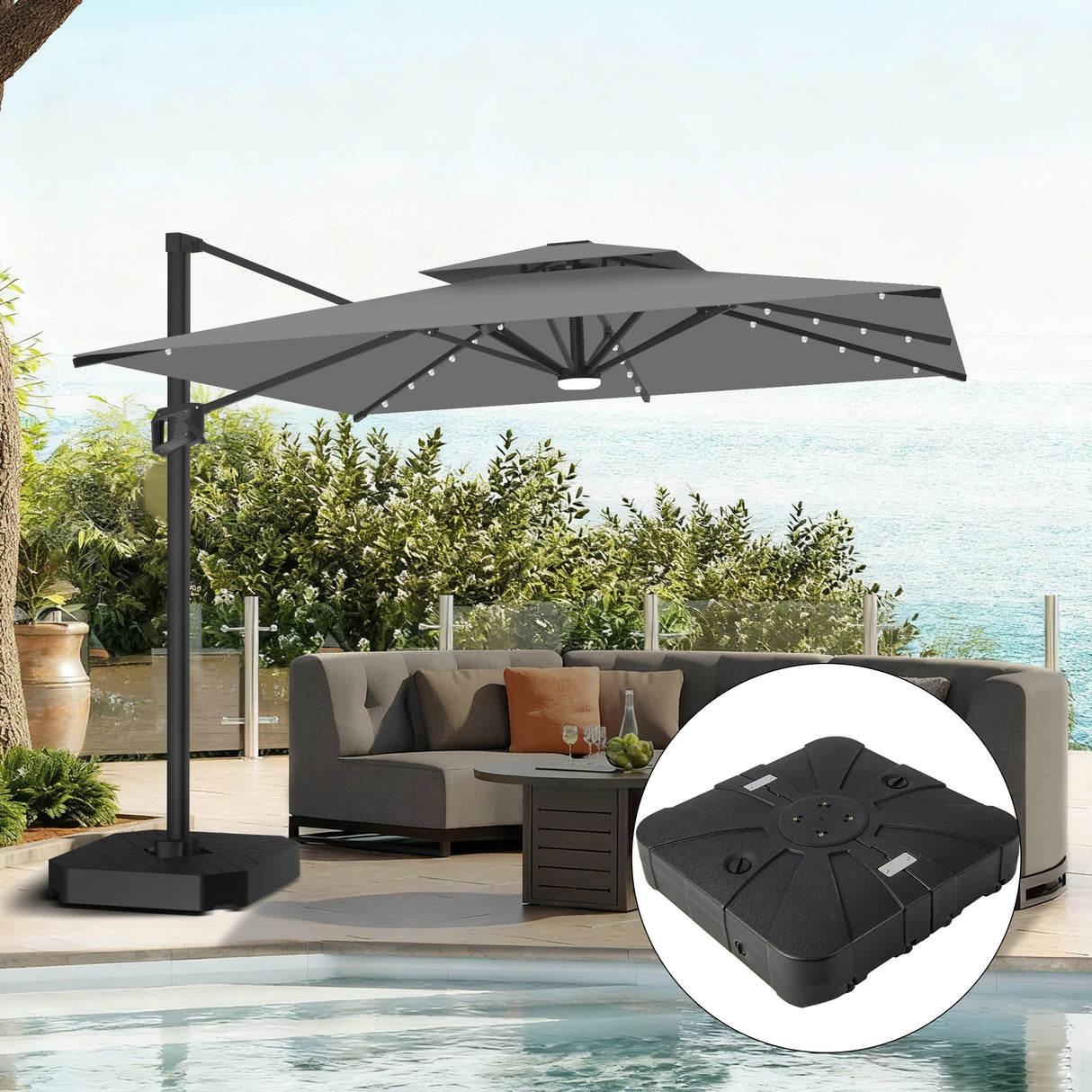 Parasol déporté Patioslife Aegis Pro avec éclairage LED et housse de protection, baleines et mât en aluminium à revêtement thermolaqué — Idéal pour jardins et terrasses