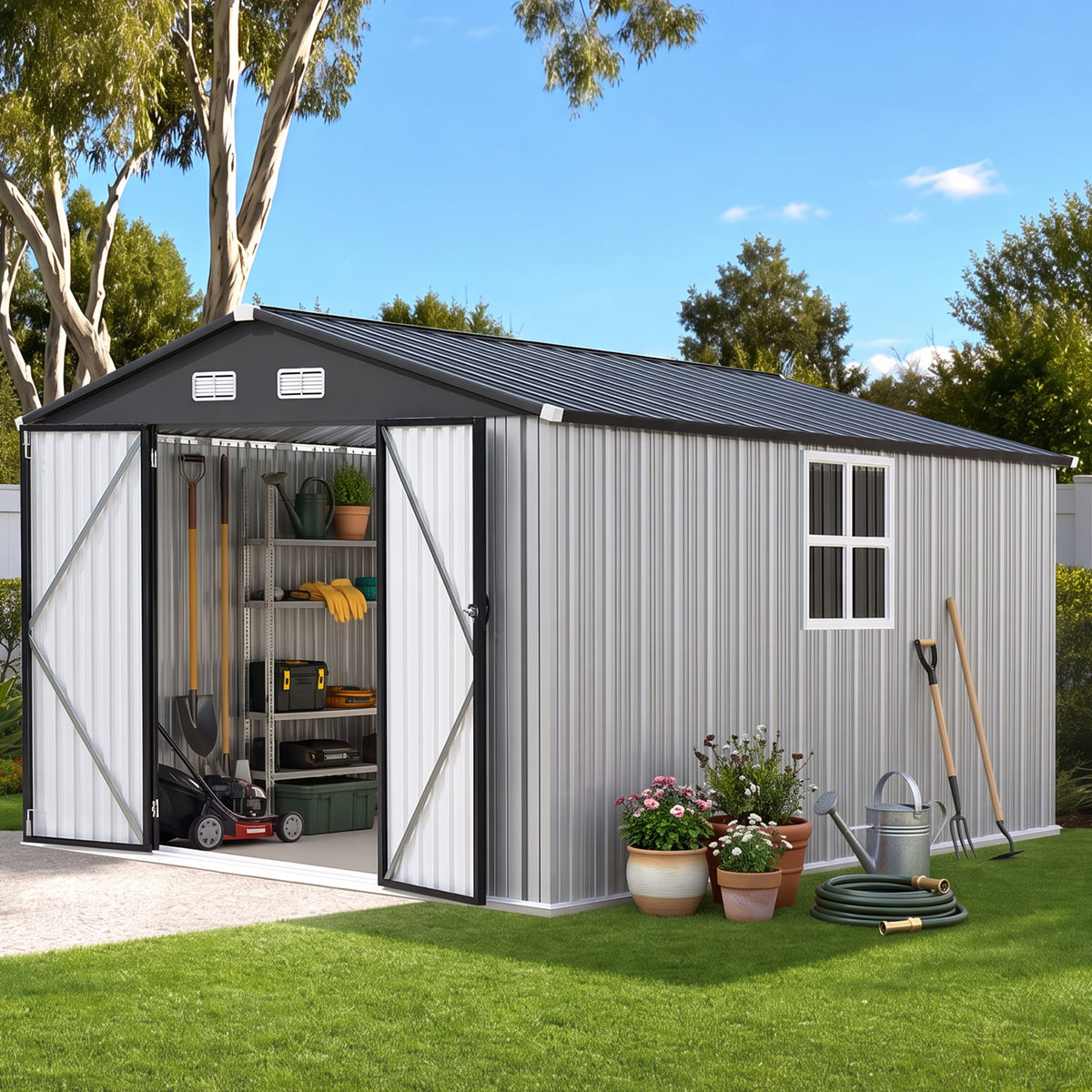 Patioslife YardVault Pro Abri de Jardin Métal Renforcé en Acier Galvanisé avec Fenêtre et Porte Verrouillable, Remise à Outils Extérieure Anti-Rouille