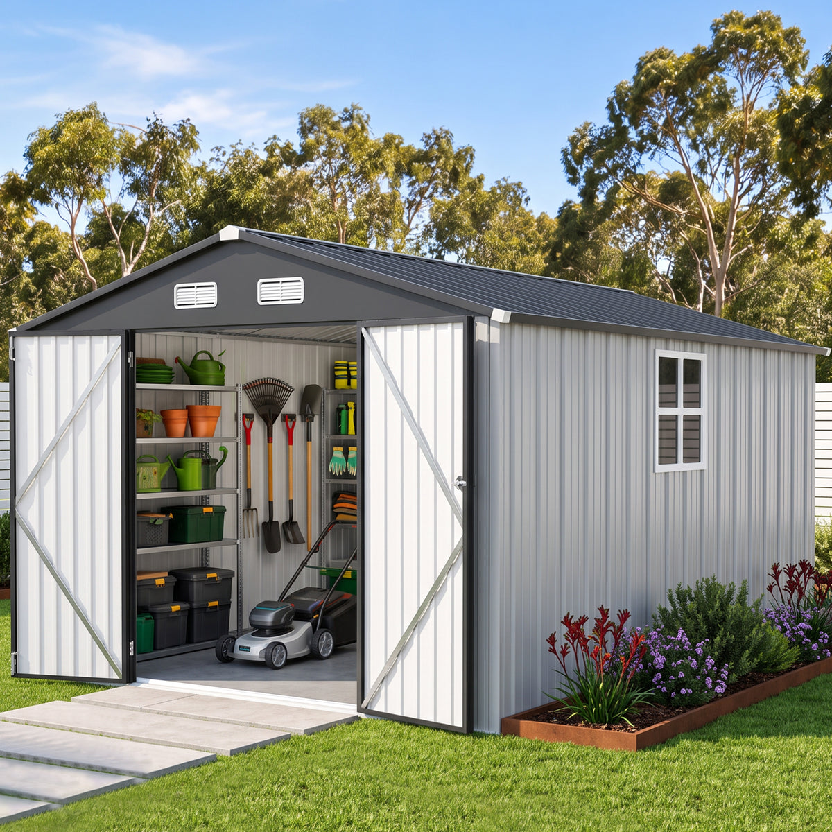 Patioslife YardVault Pro Abri de Jardin Métal Renforcé en Acier Galvanisé avec Fenêtre et Porte Verrouillable, Remise à Outils Extérieure Anti-Rouille