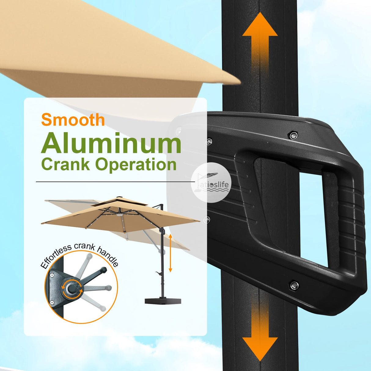 Parasol déporté Patioslife Aegis Pro avec éclairage LED et housse de protection, baleines et mât en aluminium à revêtement thermolaqué — Idéal pour jardins et terrasses