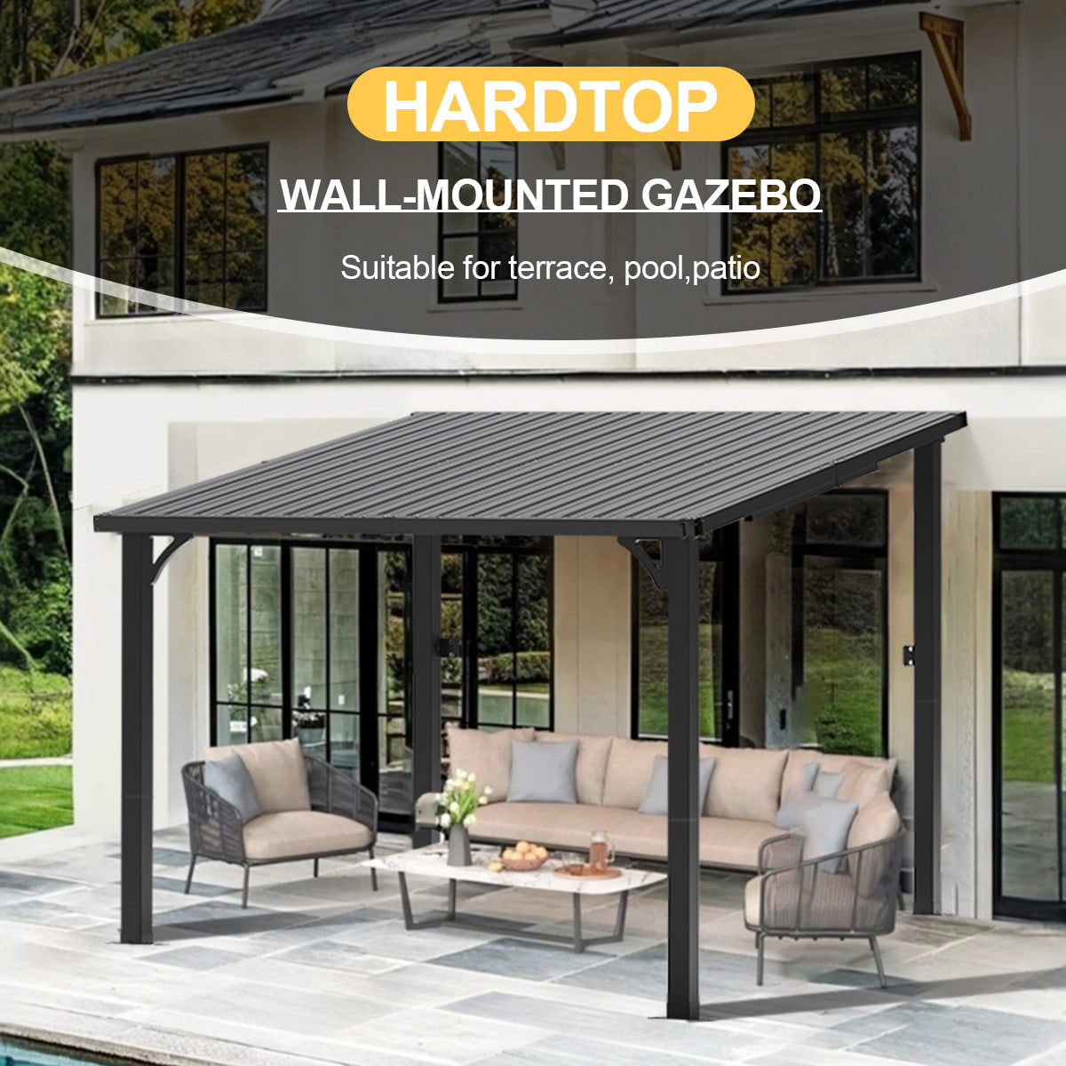 Patioslife Haven – Pergola Adossée Murale en Aluminium avec Toit Rigide, Résistante et Durable pour Jardin et Terrasse