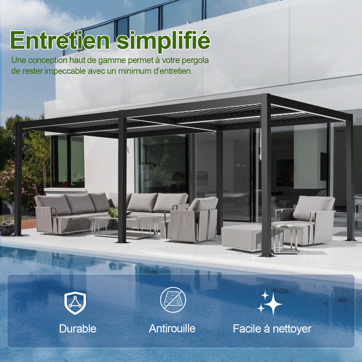 Patioslife Atlantic™ | Pergola à lames orientables en aluminium avec toit réglable et éclairage LED intégré, abri extérieur autonome pour terrasse, patio et piscine