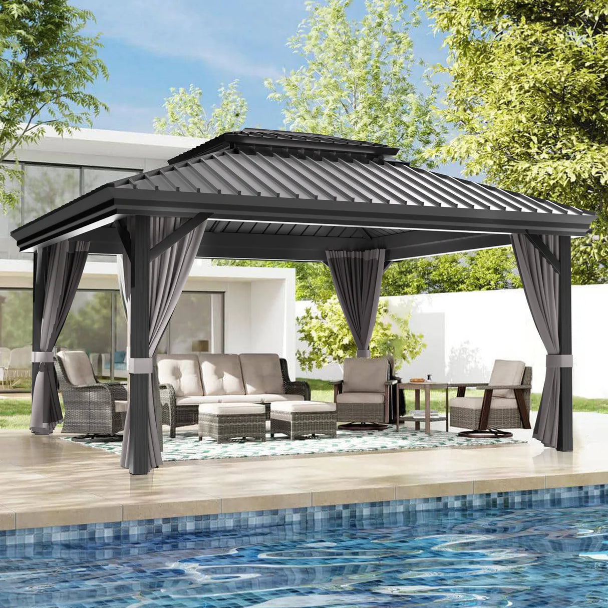 Patioslife Haven | Gazebo à toit rigide avec gouttières de drainage, structure en aluminium, toit doublement aéré et rideaux, pergola pour terrasse ou jardin.