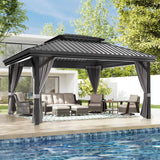Patioslife Haven | Gazebo à toit rigide avec gouttières de drainage, structure en aluminium, toit doublement aéré et rideaux, pergola pour terrasse ou jardin.