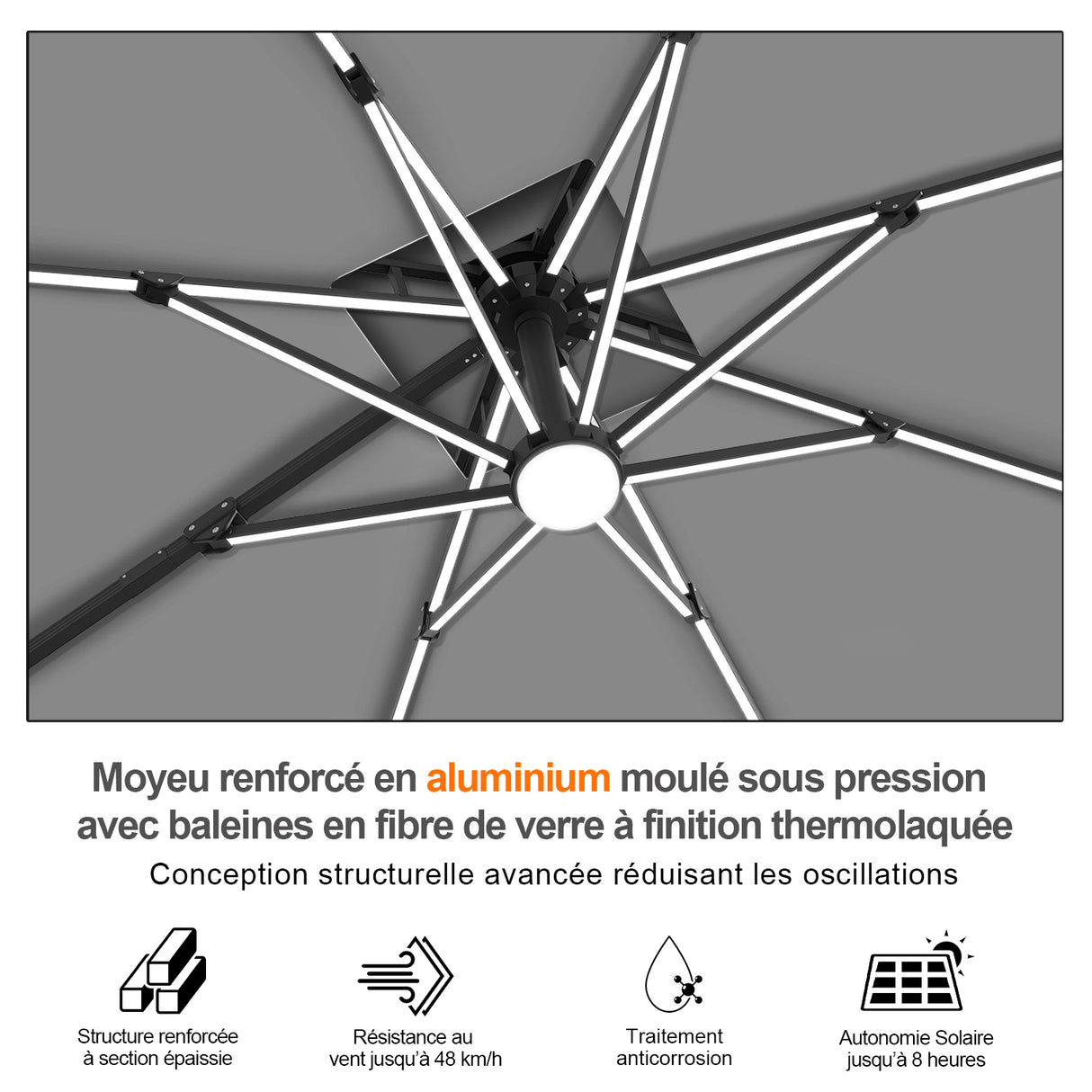 Patioslife Aegis – Parasol déporté Premium avec éclairage LED intégré, base croisée en métal et baleines en fibre de verre