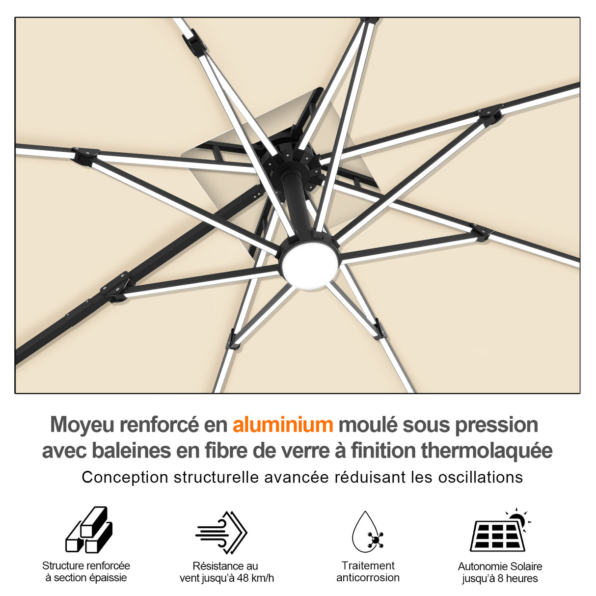Patioslife Aegis – Parasol déporté Premium avec éclairage LED intégré, base croisée en métal et baleines en fibre de verre
