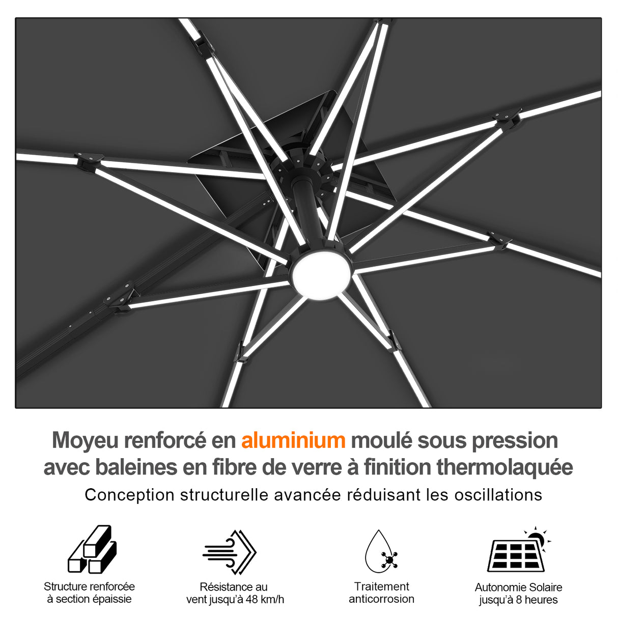 Patioslife Aegis – Parasol déporté Premium avec éclairage LED intégré, base croisée en métal et baleines en fibre de verre