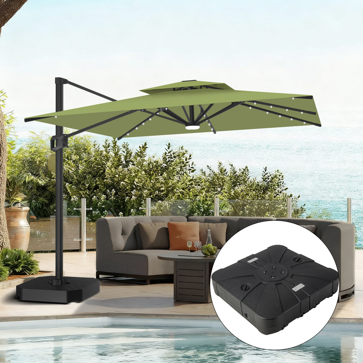 Parasol déporté Patioslife Aegis Pro avec éclairage LED et housse de protection, baleines et mât en aluminium à revêtement thermolaqué — Idéal pour jardins et terrasses
