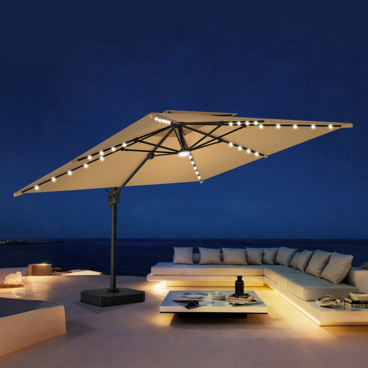 Parasol déporté Patioslife Aegis Pro avec éclairage LED et housse de protection, baleines et mât en aluminium à revêtement thermolaqué — Idéal pour jardins et terrasses