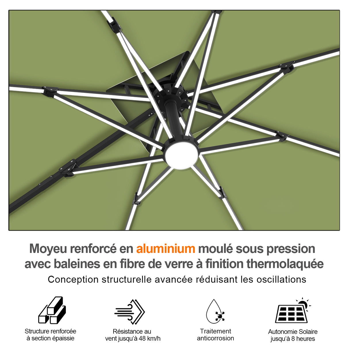 Patioslife Aegis – Parasol déporté Premium avec éclairage LED intégré, base croisée en métal et baleines en fibre de verre