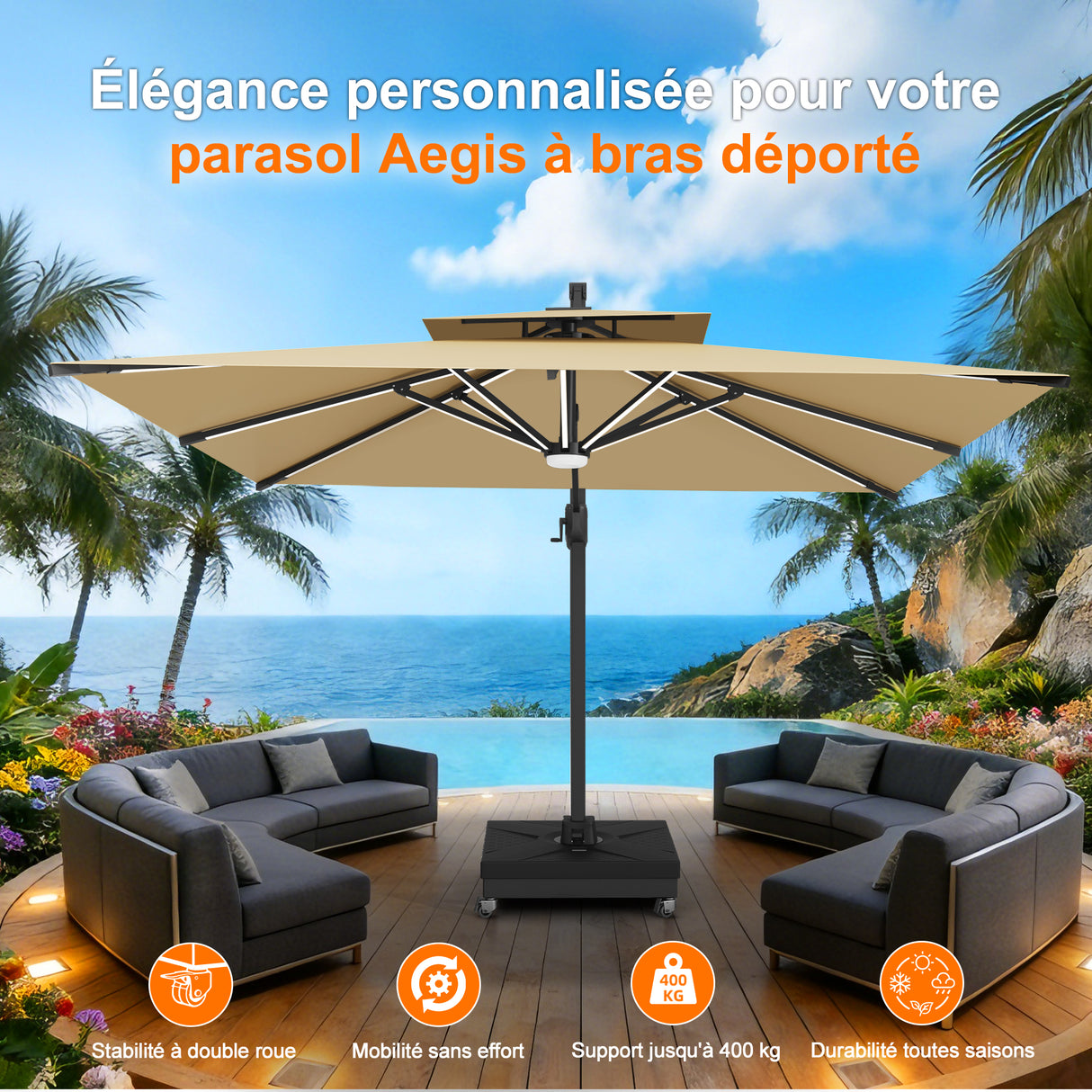 Pied de Parasol Déporté Patioslife Aegis - Socle Modulaire 400kg à Roues - Base de Remplissage Haute Capacité - Mobilité & Stabilité pour Terrasse