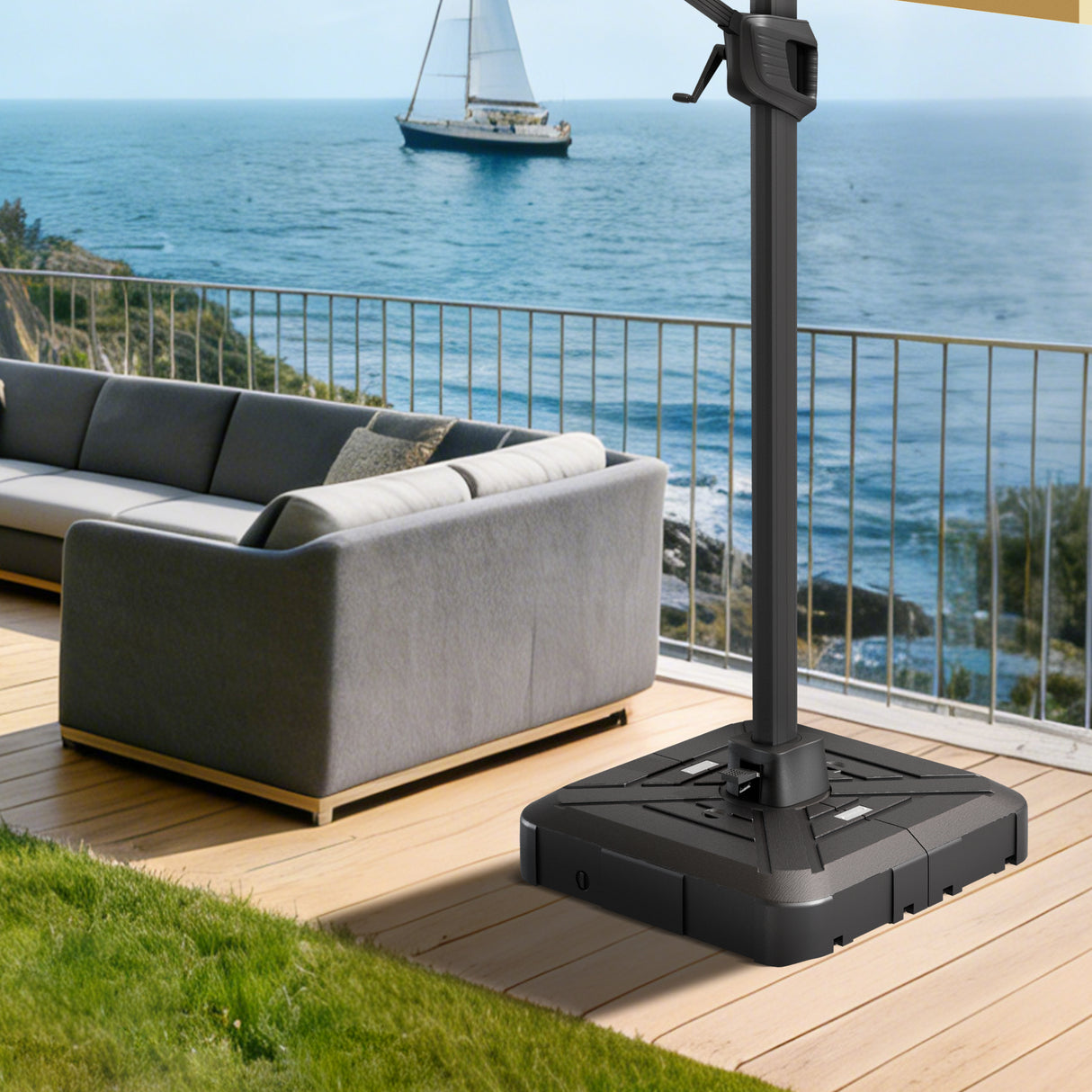 Socle de parasol déporté Patioslife™ avec roues (115–200 kg) pour parasol série Aegis — Support roulant extérieur robuste avec poids en HDPE rechargeables et roues, pour une stabilité optimale sur terrasse, jardin et bord de piscine