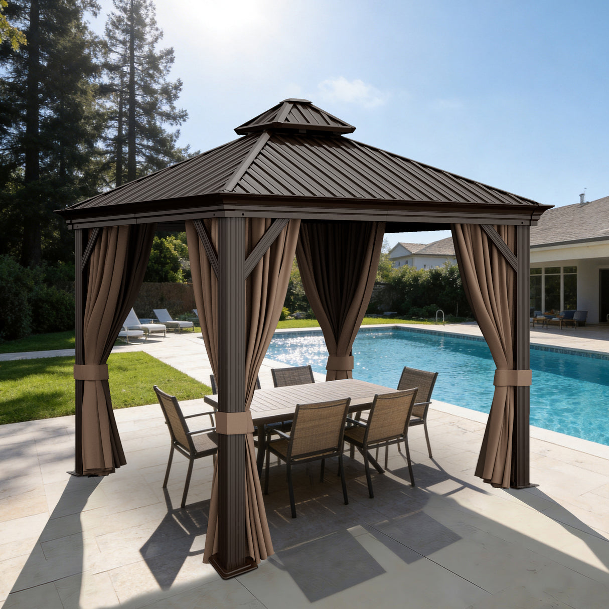 Patioslife Haven | Tonnelle de Jardin en Aluminium à Toit Rigide, Pergola & Pavillon avec Double Aération, Gouttières et Rideaux pour Terrasse