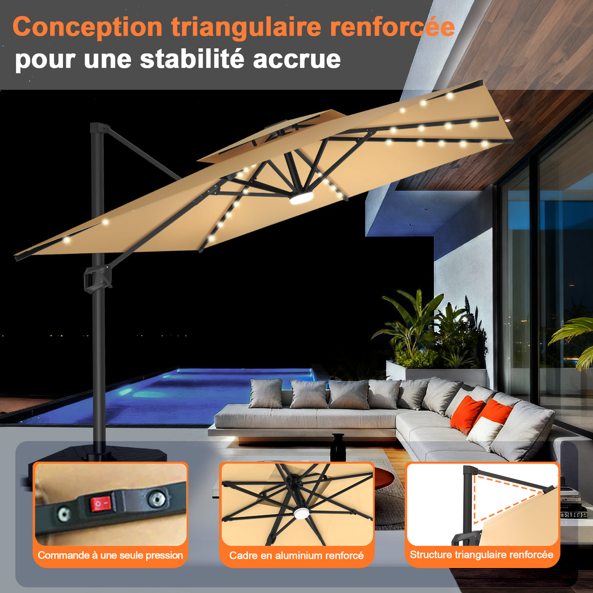 Parasol déporté Patioslife Aegis Pro avec éclairage LED et housse de protection, baleines et mât en aluminium à revêtement thermolaqué — Idéal pour jardins et terrasses