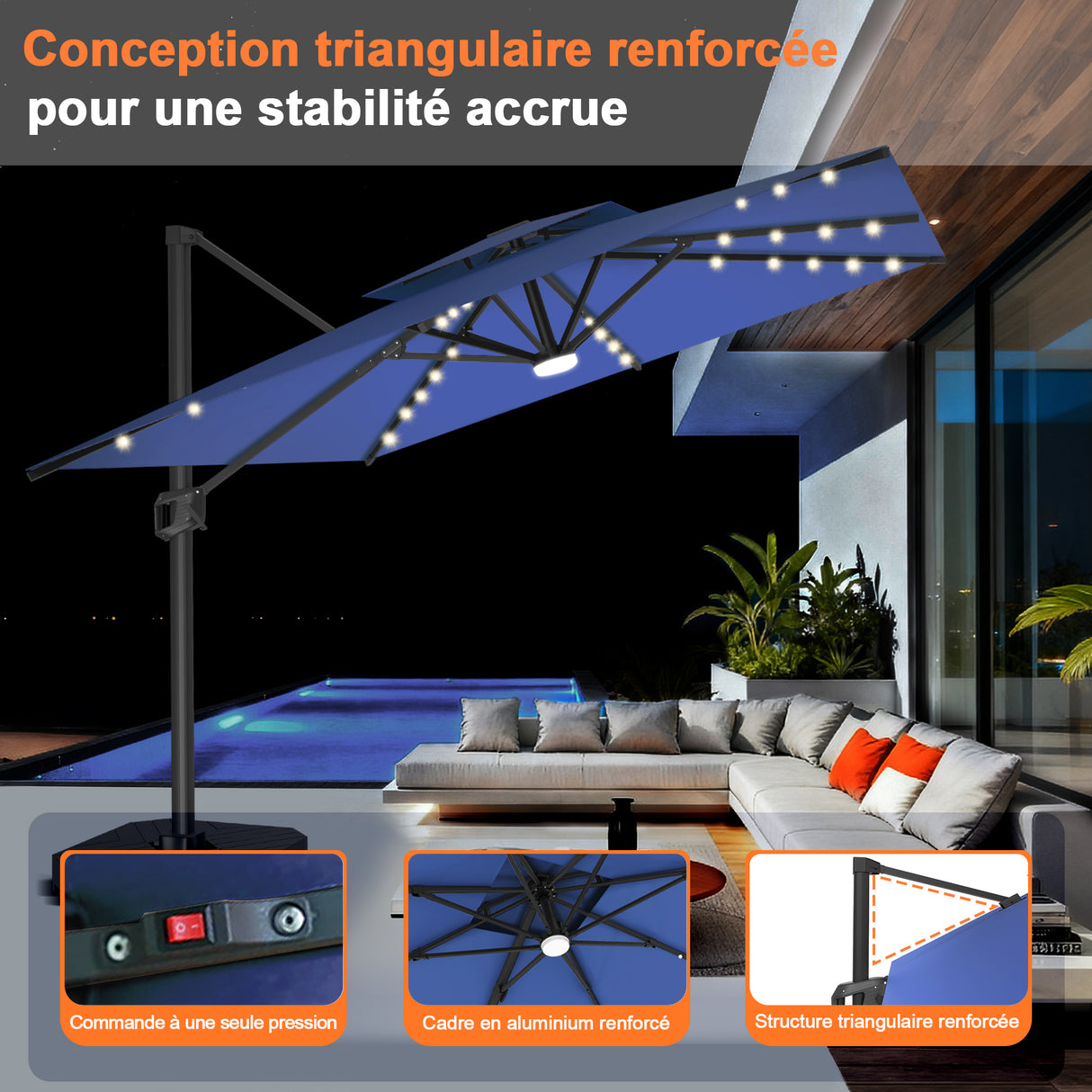 Parasol déporté Patioslife Aegis Pro avec éclairage LED et housse de protection, baleines et mât en aluminium à revêtement thermolaqué — Idéal pour jardins et terrasses