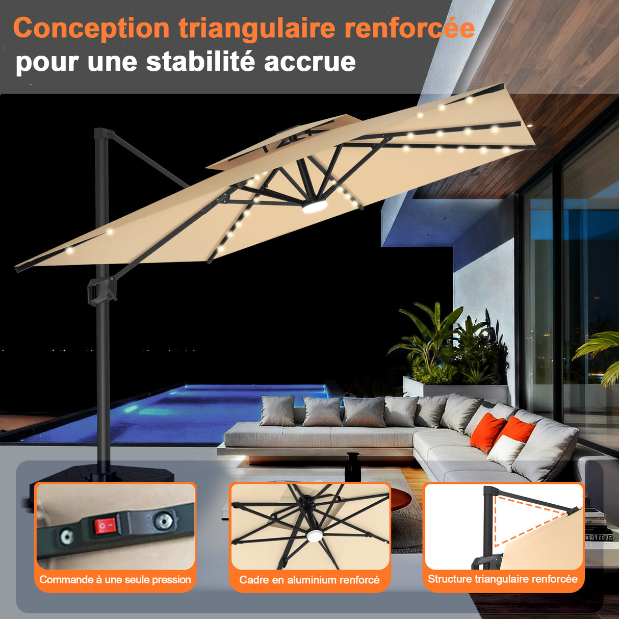 Parasol déporté Patioslife Aegis Pro avec éclairage LED et housse de protection, baleines et mât en aluminium à revêtement thermolaqué — Idéal pour jardins et terrasses