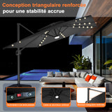 Parasol déporté Patioslife Aegis Pro avec éclairage LED et housse de protection, baleines et mât en aluminium à revêtement thermolaqué — Idéal pour jardins et terrasses