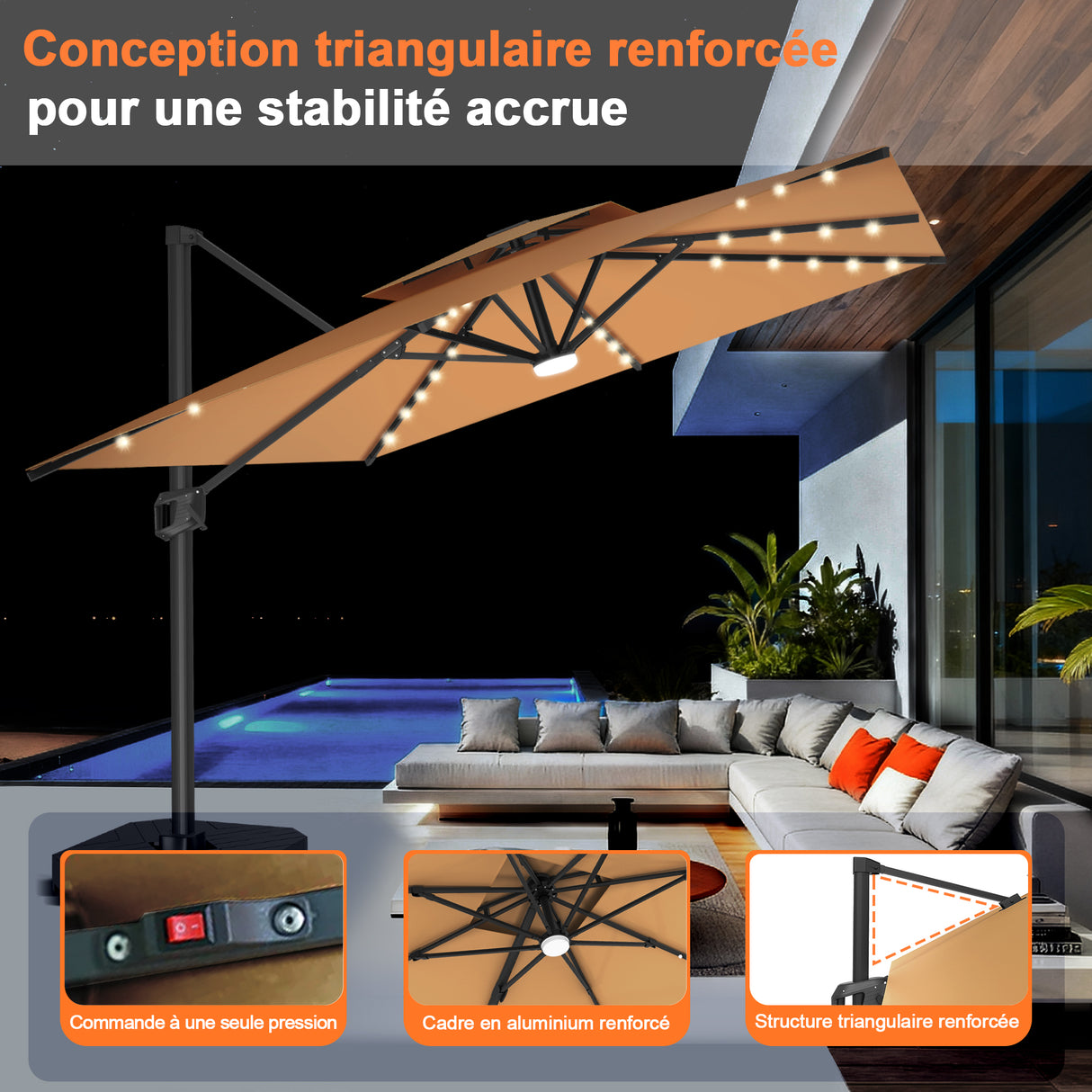 Parasol déporté Patioslife Aegis Pro avec éclairage LED et housse de protection, baleines et mât en aluminium à revêtement thermolaqué — Idéal pour jardins et terrasses