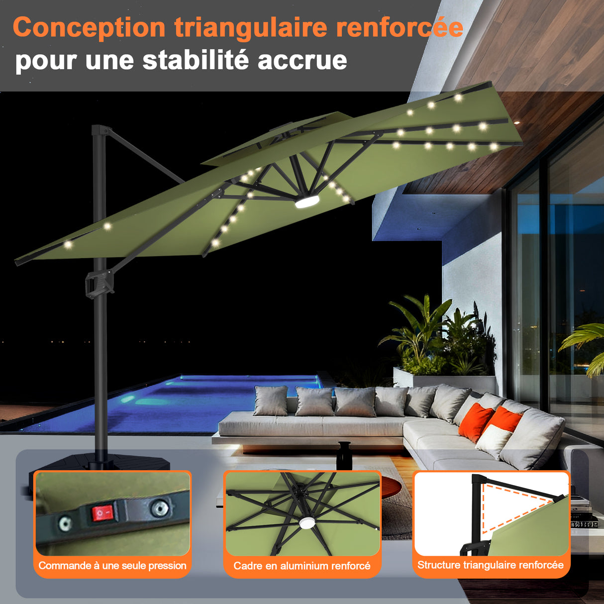 Parasol déporté Patioslife Aegis Pro avec éclairage LED et housse de protection, baleines et mât en aluminium à revêtement thermolaqué — Idéal pour jardins et terrasses