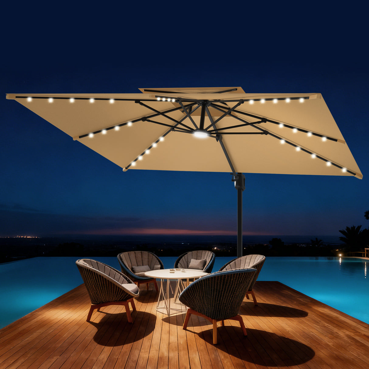 Parasol déporté Patioslife Aegis Pro avec éclairage LED et housse de protection, baleines et mât en aluminium à revêtement thermolaqué — Idéal pour jardins et terrasses