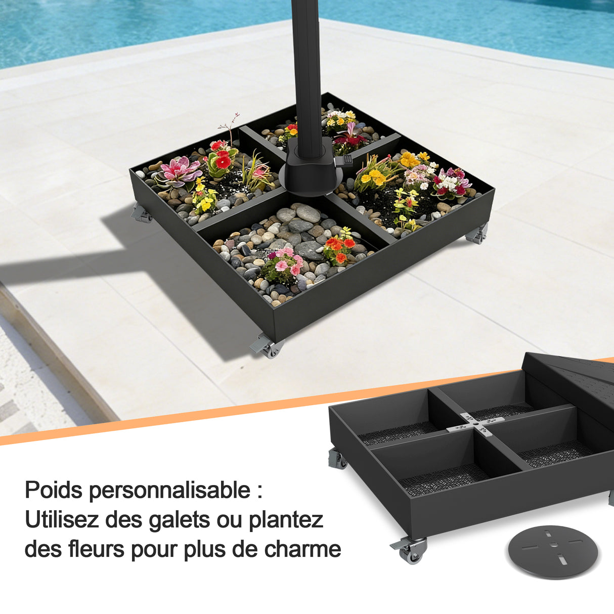 Pied de Parasol Déporté Patioslife Aegis - Socle Modulaire 400kg à Roues - Base de Remplissage Haute Capacité - Mobilité & Stabilité pour Terrasse