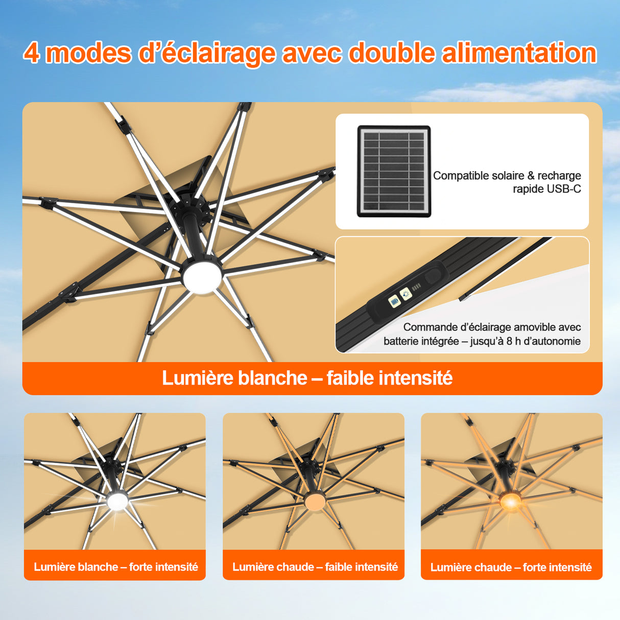 Patioslife Aegis – Parasol déporté Premium avec éclairage LED intégré, base croisée en métal et baleines en fibre de verre