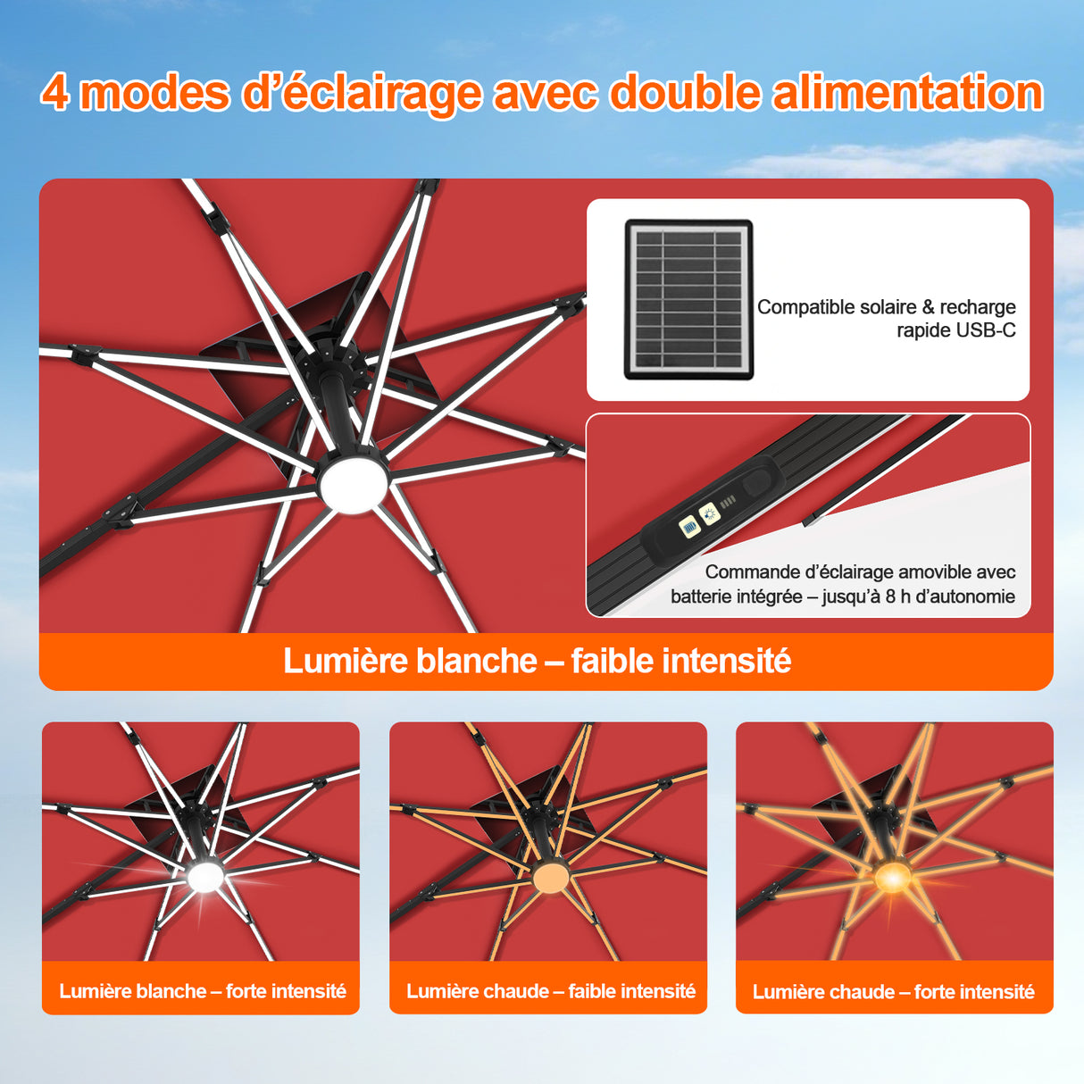 Patioslife Aegis – Parasol déporté Premium avec éclairage LED intégré, base croisée en métal et baleines en fibre de verre