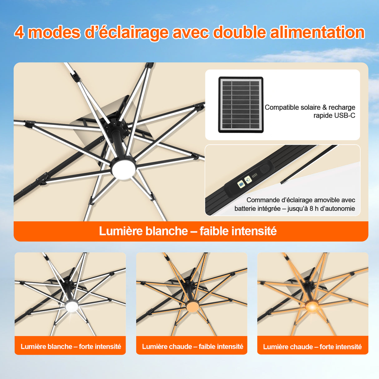 Patioslife Aegis – Parasol déporté Premium avec éclairage LED intégré, base croisée en métal et baleines en fibre de verre
