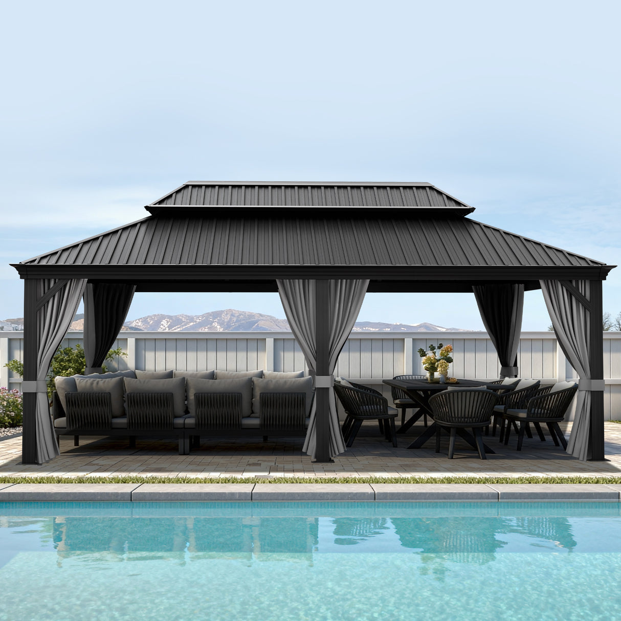 Patioslife Haven | Tonnelle de Jardin en Aluminium à Toit Rigide, Pergola & Pavillon avec Double Aération, Gouttières et Rideaux pour Terrasse