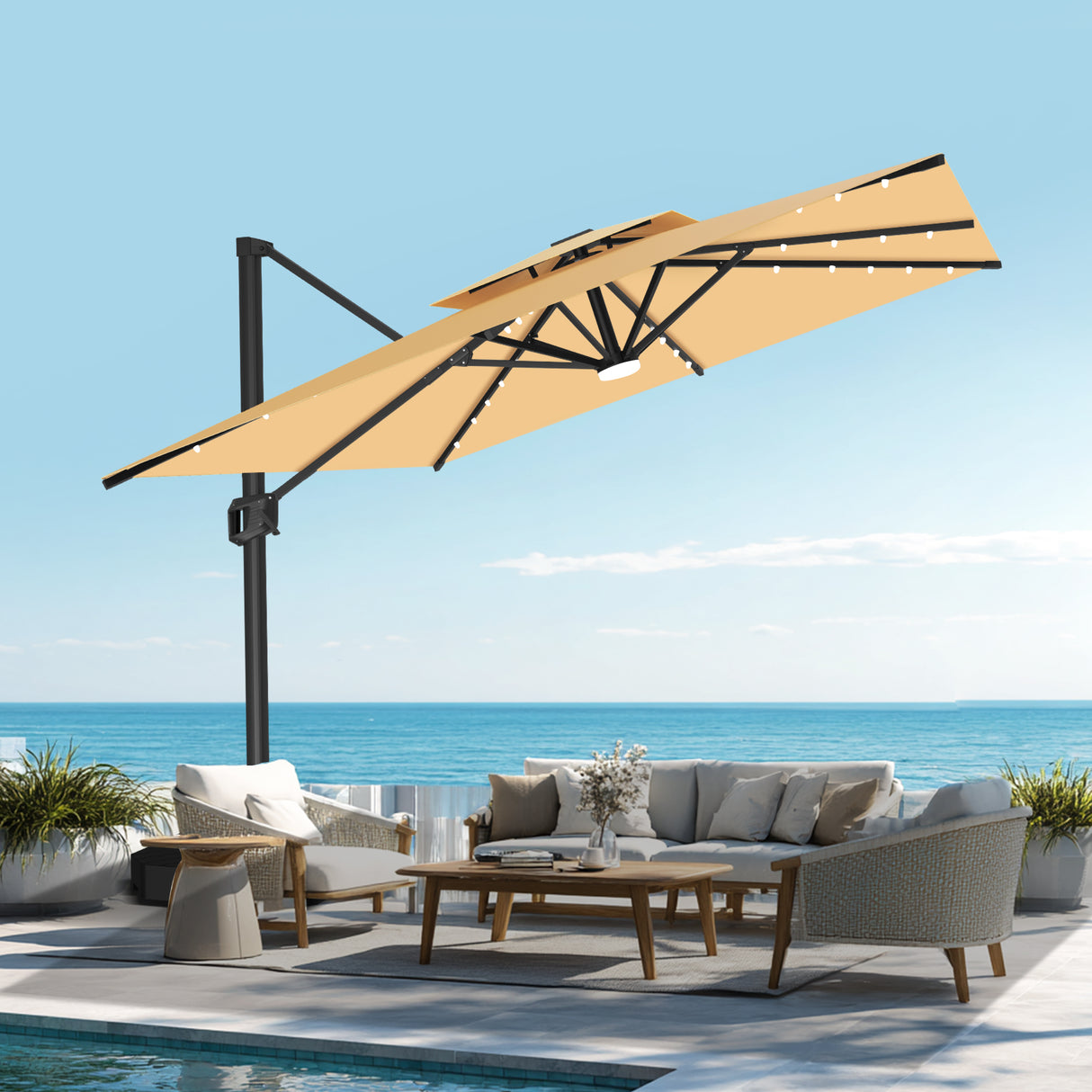 Parasol déporté Patioslife Aegis Pro avec éclairage LED et housse de protection, baleines et mât en aluminium à revêtement thermolaqué — Idéal pour jardins et terrasses