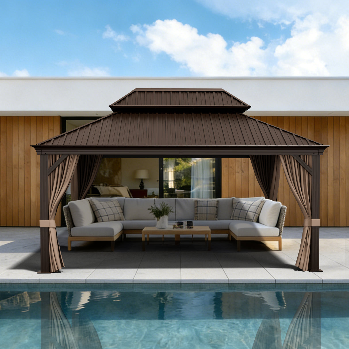 Patioslife Haven | Tonnelle de Jardin en Aluminium à Toit Rigide, Pergola & Pavillon avec Double Aération, Gouttières et Rideaux pour Terrasse