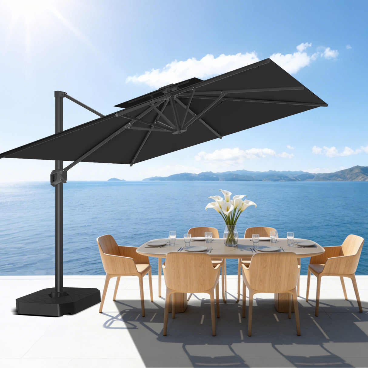 Parasol déporté Patioslife Aegis Pro™ avec base et housse de protection — Baleines en fibre de verre et mât en aluminium à revêtement thermolaqué pour jardin et terrasse