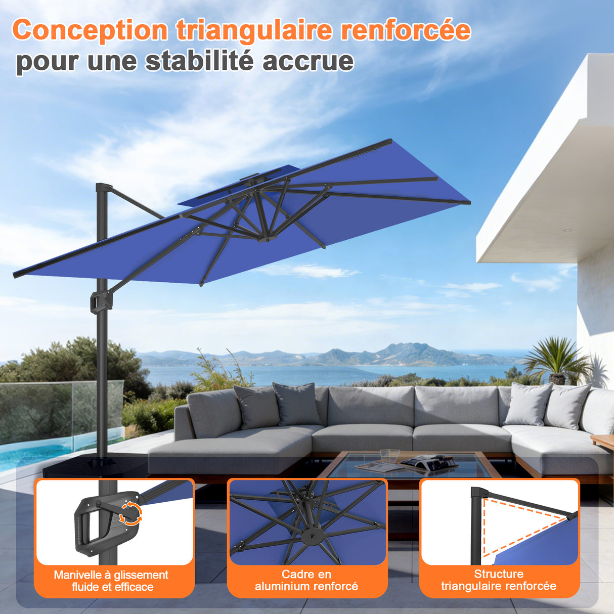 Parasol déporté Patioslife Aegis Pro™ avec base et housse de protection — Baleines en fibre de verre et mât en aluminium à revêtement thermolaqué pour jardin et terrasse