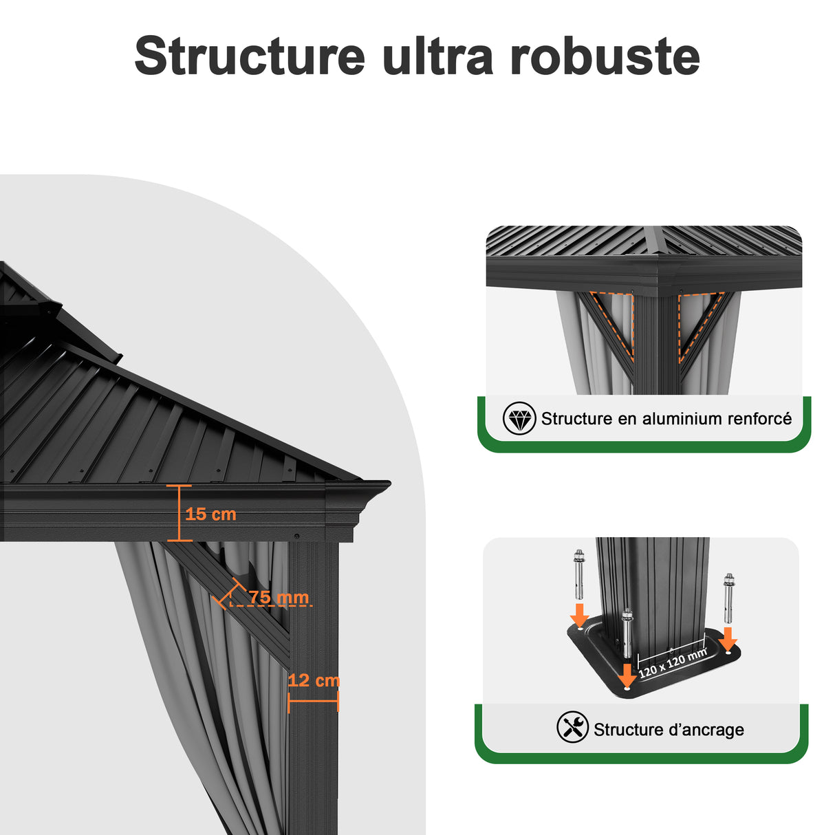 Patioslife Haven | Gazebo à toit rigide avec gouttières de drainage, structure en aluminium, toit doublement aéré et rideaux, pergola pour terrasse ou jardin.