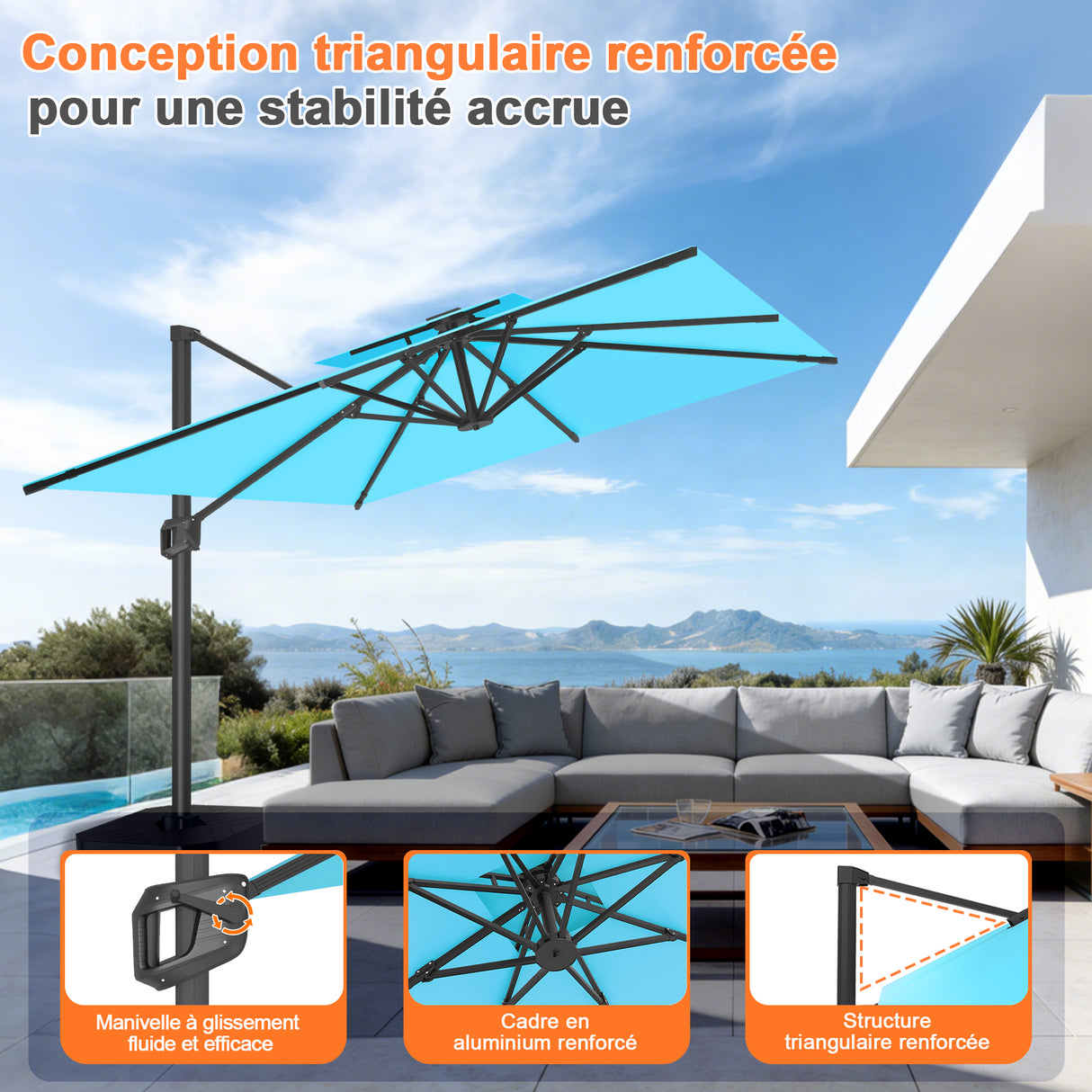 Parasol déporté Patioslife Aegis Pro™ avec base et housse de protection — Baleines en fibre de verre et mât en aluminium à revêtement thermolaqué pour jardin et terrasse