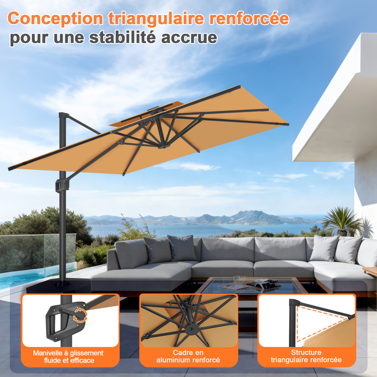 Parasol déporté Patioslife Aegis Pro™ avec base et housse de protection — Baleines en fibre de verre et mât en aluminium à revêtement thermolaqué pour jardin et terrasse
