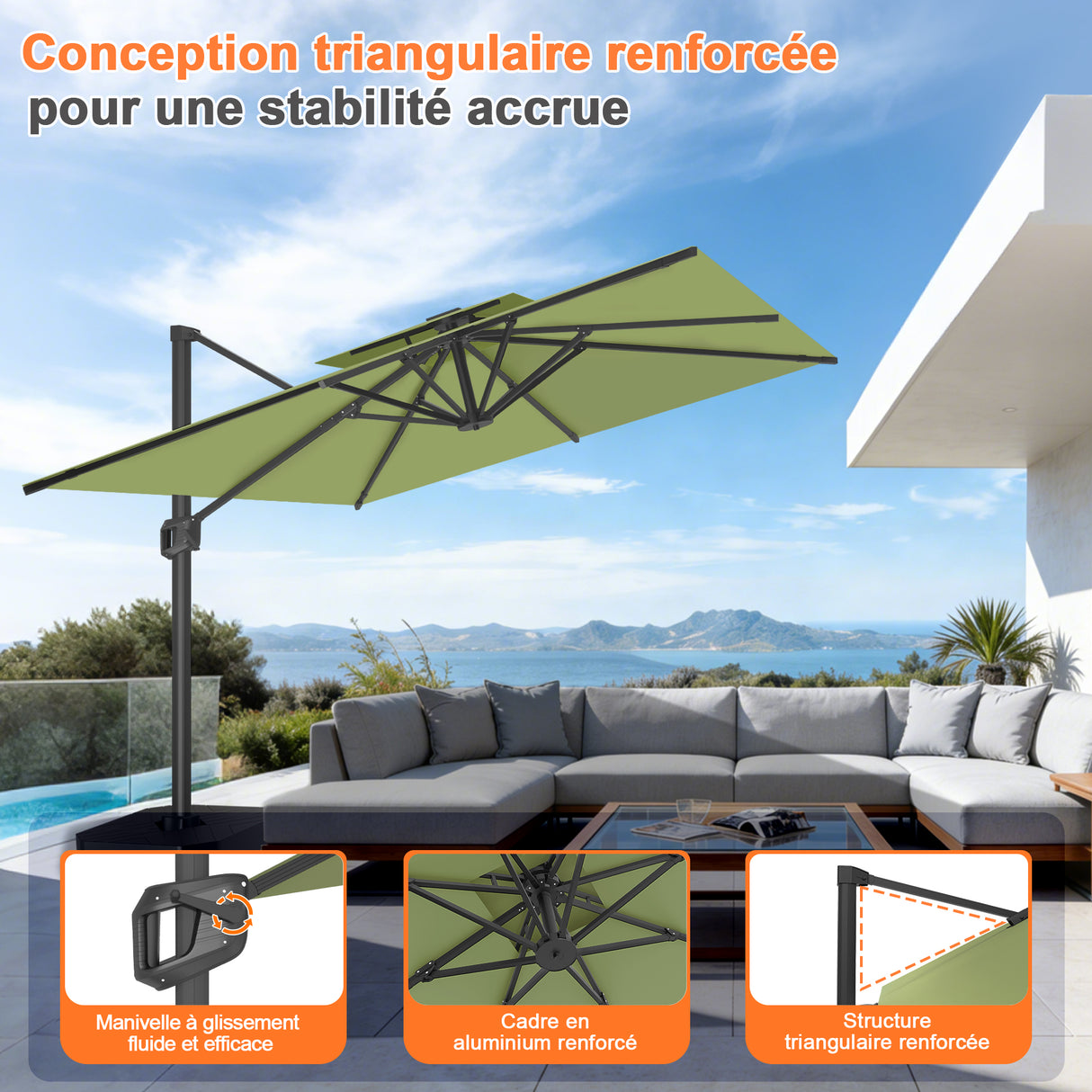 Parasol déporté Patioslife Aegis Pro™ avec base et housse de protection — Baleines en fibre de verre et mât en aluminium à revêtement thermolaqué pour jardin et terrasse