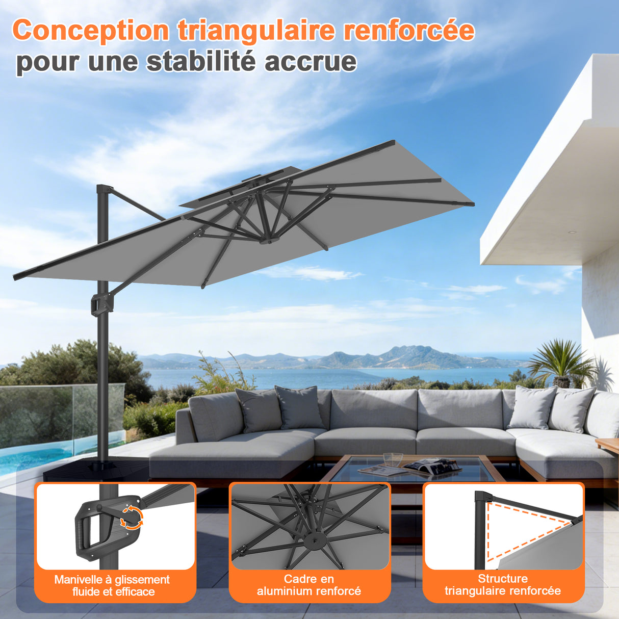 Parasol déporté Patioslife Aegis Pro™ avec base et housse de protection — Baleines en fibre de verre et mât en aluminium à revêtement thermolaqué pour jardin et terrasse