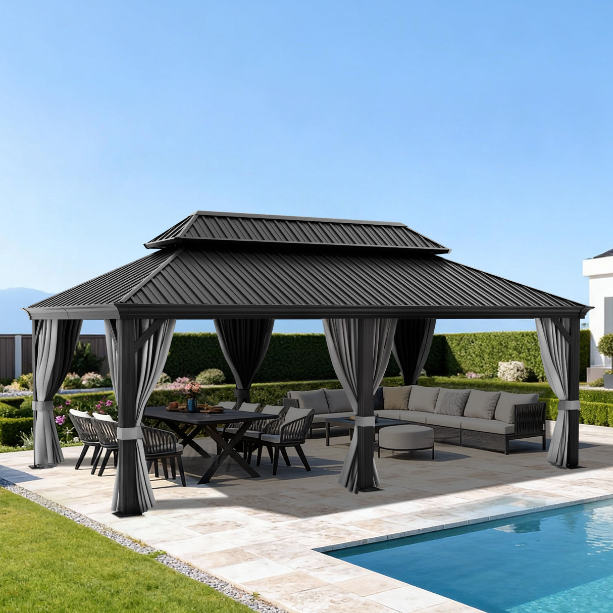 Patioslife Haven | Tonnelle de Jardin en Aluminium à Toit Rigide, Pergola & Pavillon avec Double Aération, Gouttières et Rideaux pour Terrasse