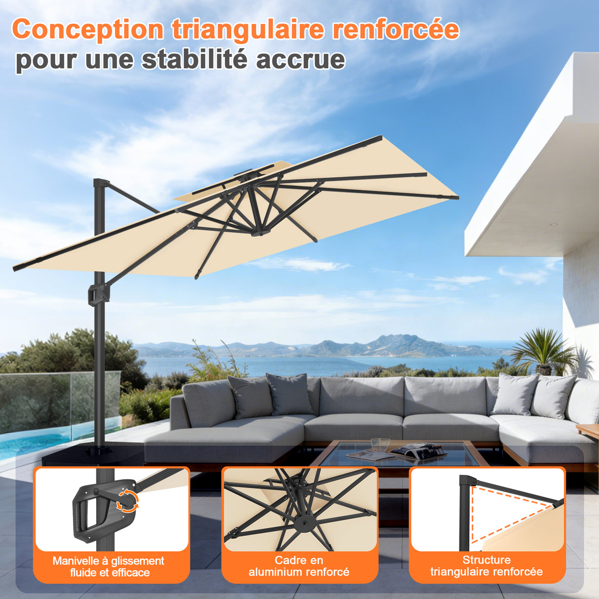 Parasol déporté Patioslife Aegis Pro™ avec base et housse de protection — Baleines en fibre de verre et mât en aluminium à revêtement thermolaqué pour jardin et terrasse