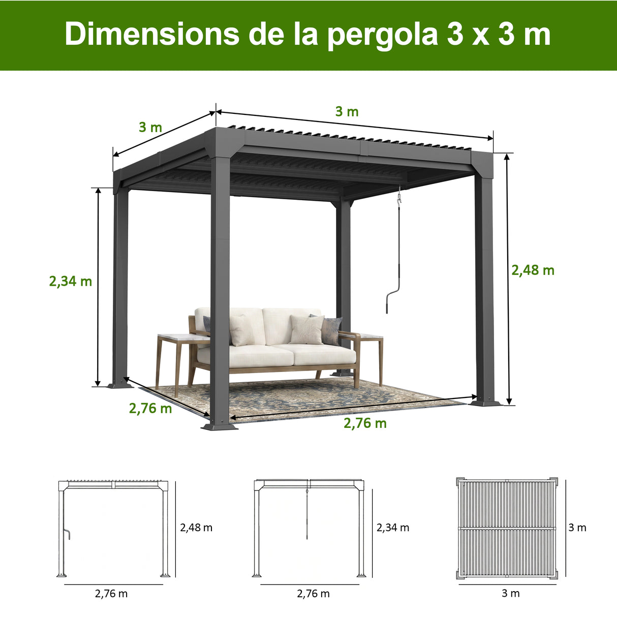 Patioslife Atlantic | Pergola à lames orientables en aluminium avec toit réglable et éclairage LED intégré, abri extérieur autonome pour terrasse, patio et piscine
