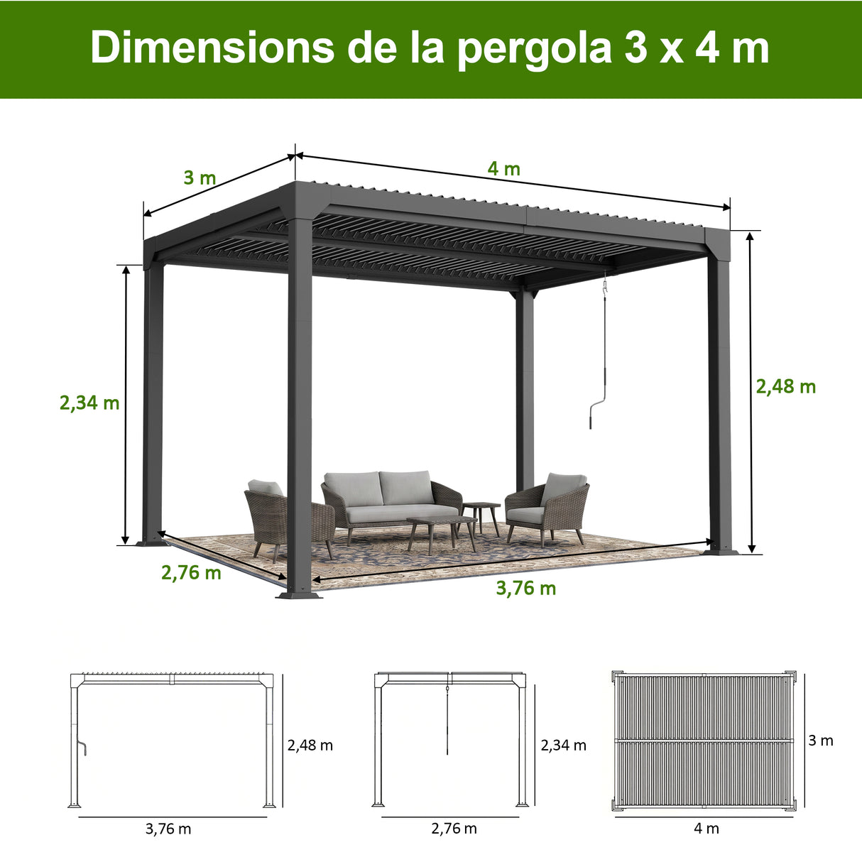 Patioslife Atlantic | Pergola à lames orientables en aluminium avec toit réglable et éclairage LED intégré, abri extérieur autonome pour terrasse, patio et piscine