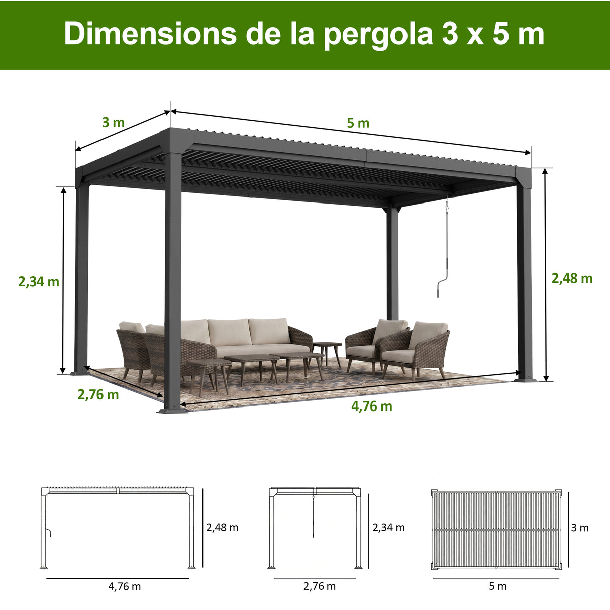 Patioslife Atlantic | Pergola à lames orientables en aluminium avec toit réglable et éclairage LED intégré, abri extérieur autonome pour terrasse, patio et piscine