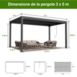 Patioslife Atlantic | Pergola à lames orientables en aluminium avec toit réglable et éclairage LED intégré, abri extérieur autonome pour terrasse, patio et piscine