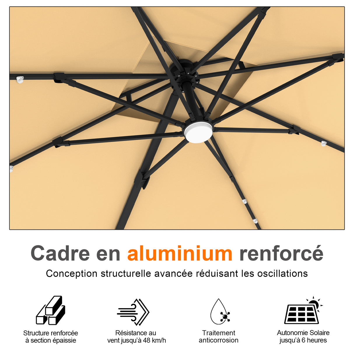 Parasol déporté Patioslife Aegis Pro avec éclairage LED et housse de protection, baleines et mât en aluminium à revêtement thermolaqué — Idéal pour jardins et terrasses