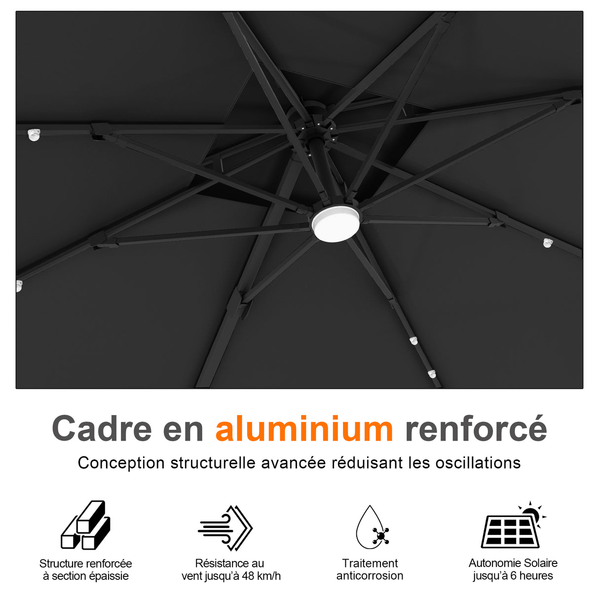 Parasol déporté Patioslife Aegis Pro avec éclairage LED et housse de protection, baleines et mât en aluminium à revêtement thermolaqué — Idéal pour jardins et terrasses