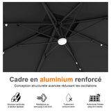 Parasol déporté Patioslife Aegis Pro avec éclairage LED et housse de protection, baleines et mât en aluminium à revêtement thermolaqué — Idéal pour jardins et terrasses